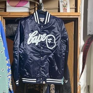 Bape Navy Satin Logo Varsity Jacket
